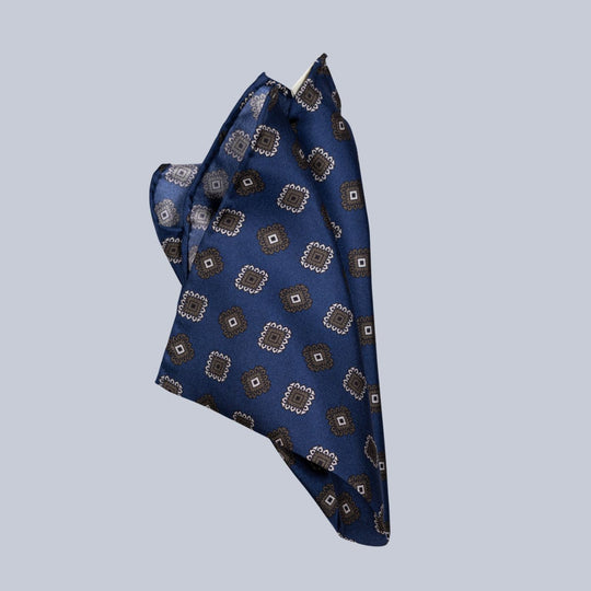 Navy Brown & Cream Medallion Pattern Pocket Square