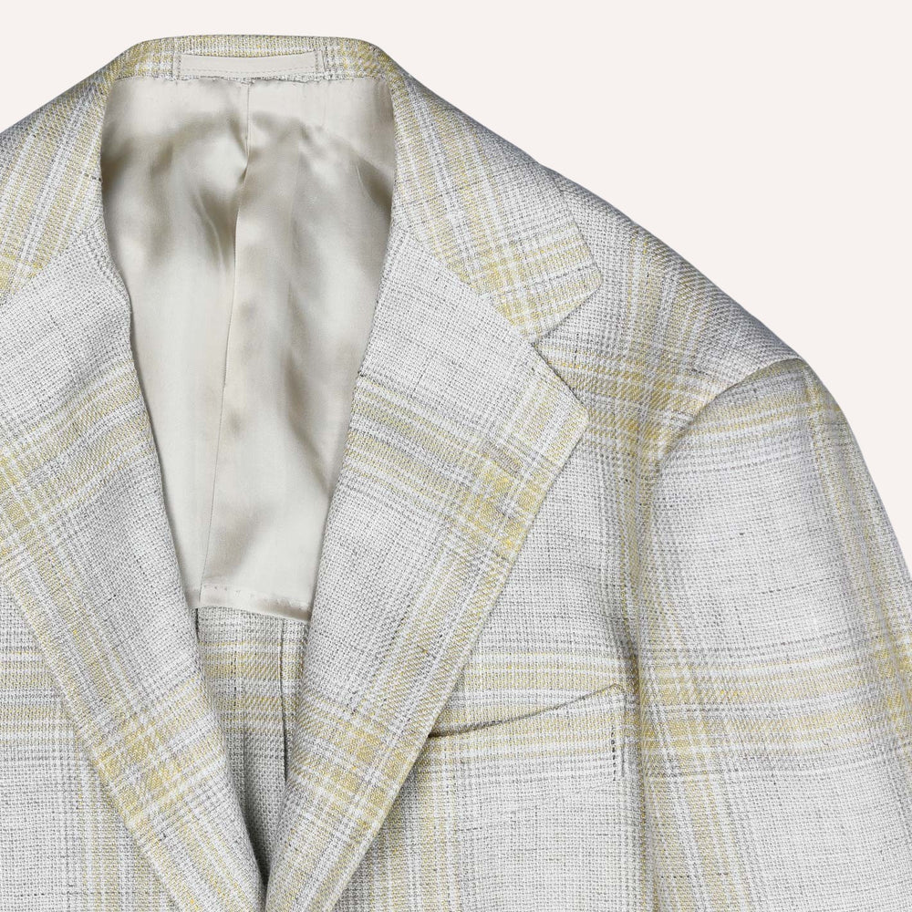 Beige Yellow Checked Linen Wool Blazer