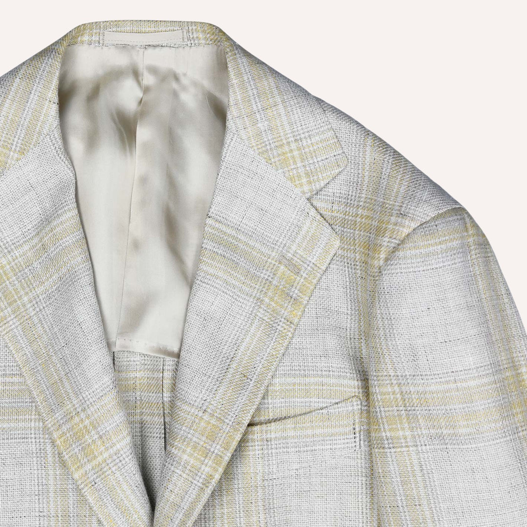 Beige Yellow Checked Linen Wool Blazer