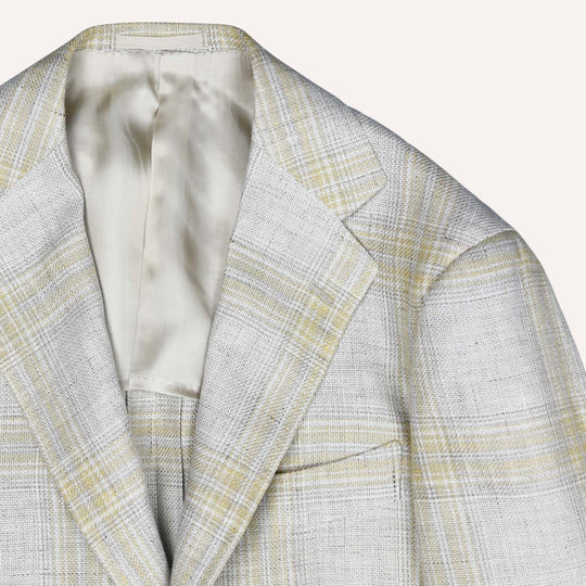 Beige Yellow Checked Linen Wool Blazer