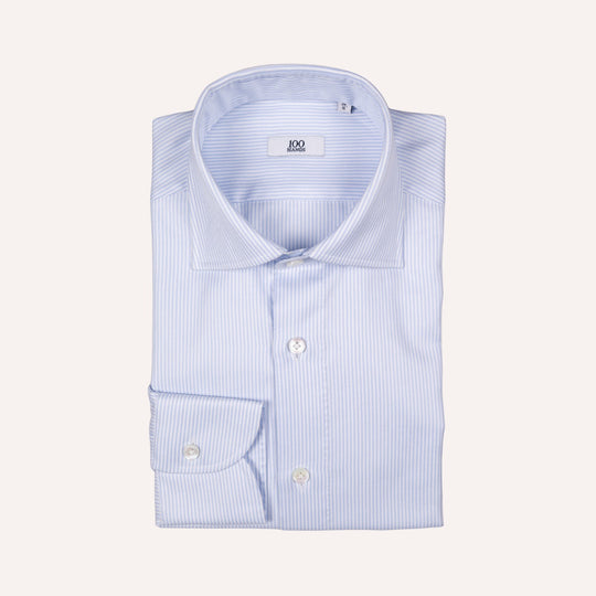 Light Blue & White Striped Semi Cutaway Cotton Twill Shirt
