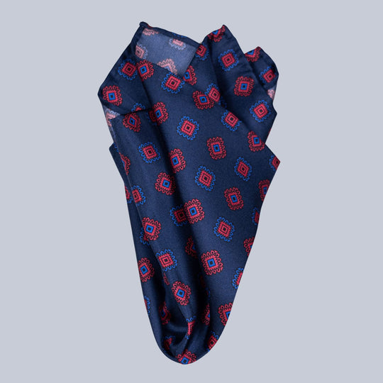 Navy Red & Blue Medallion Pattern Pocket Square