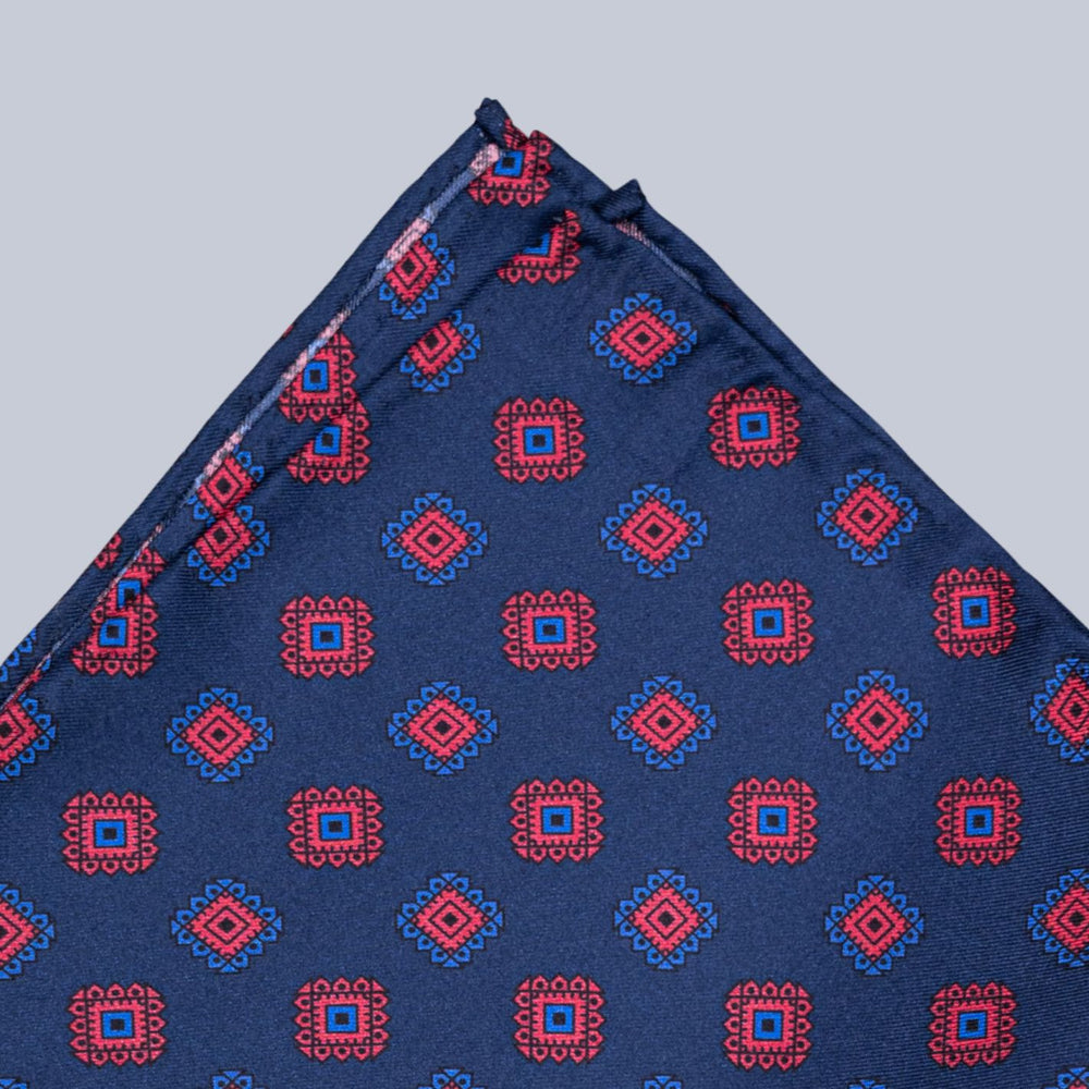 Navy Red & Blue Medallion Pattern Pocket Square