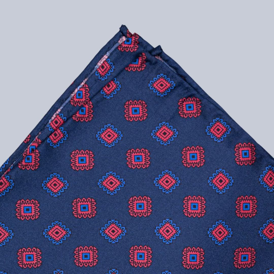 Navy Red & Blue Medallion Pattern Pocket Square