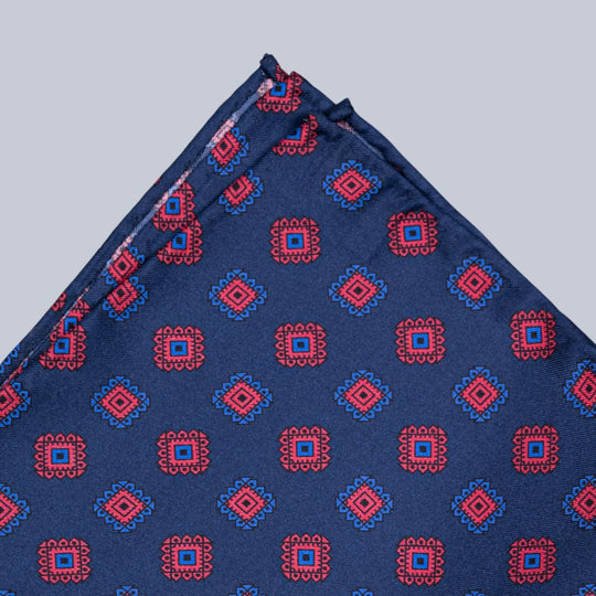 Navy Red & Blue Medallion Pattern Pocket Square
