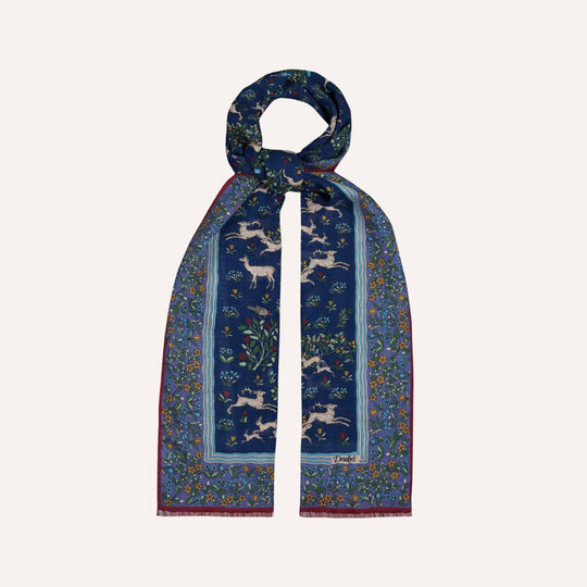 Navy Archival Animals Print Wool-Silk Scarf
