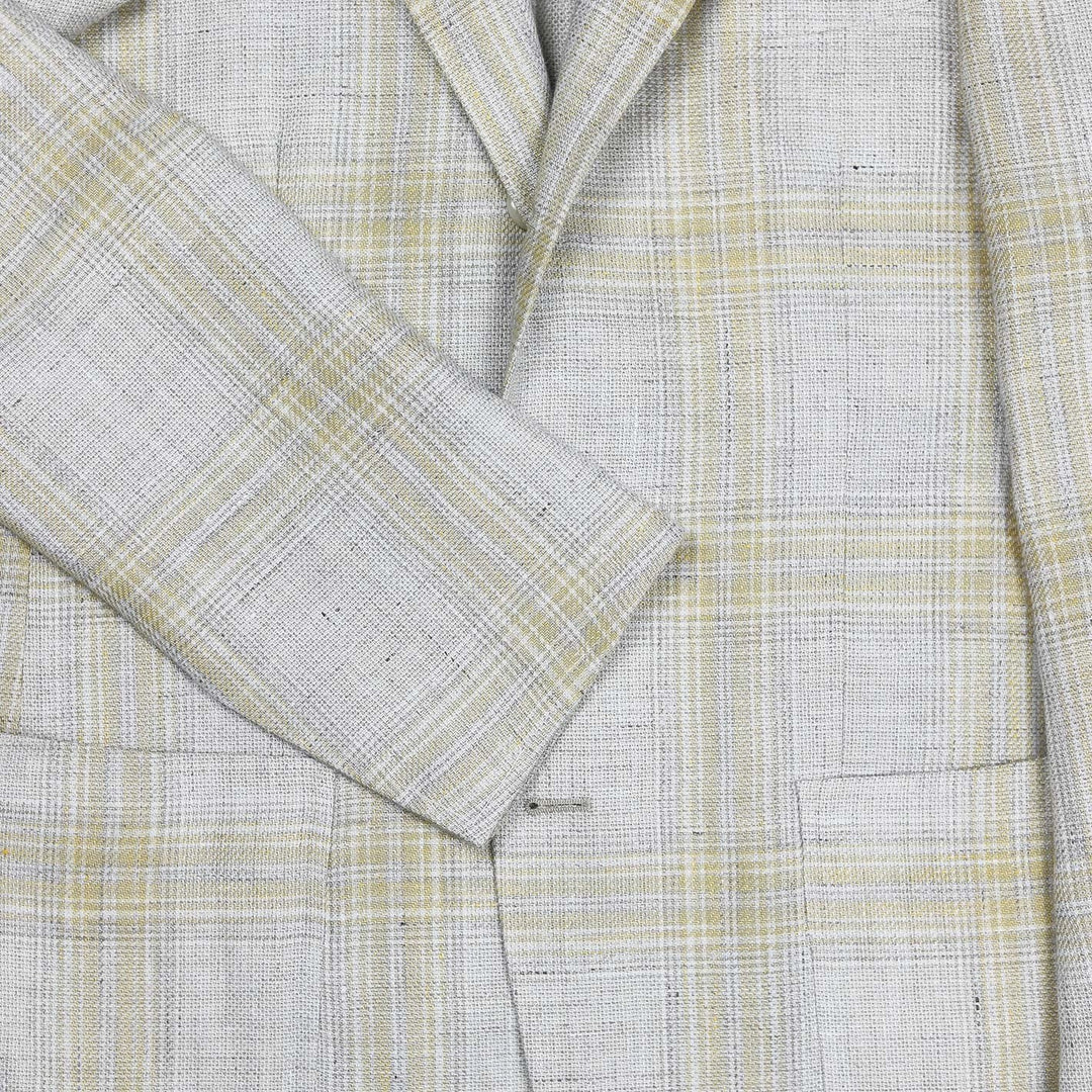 Beige Yellow Checked Linen Wool Blazer