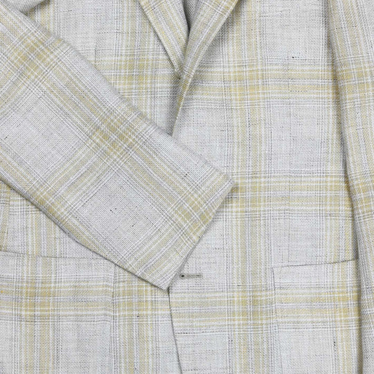 Beige Yellow Checked Linen Wool Blazer