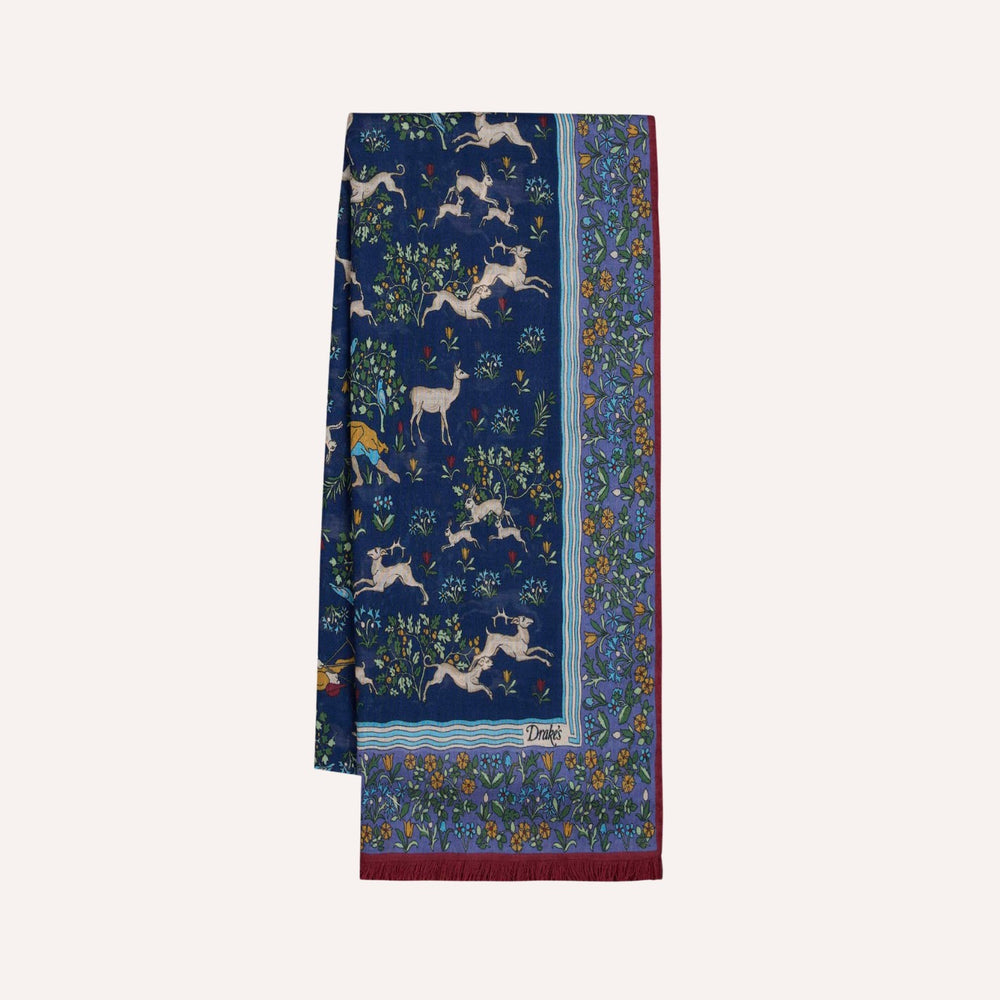 Navy Archival Animals Print Wool-Silk Scarf