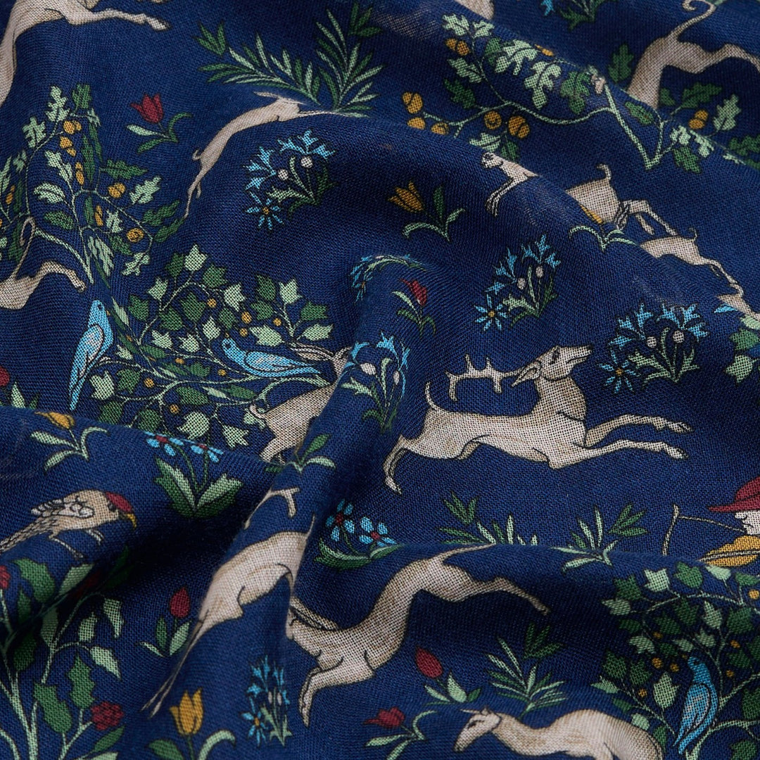 Navy Archival Animals Print Wool-Silk Scarf