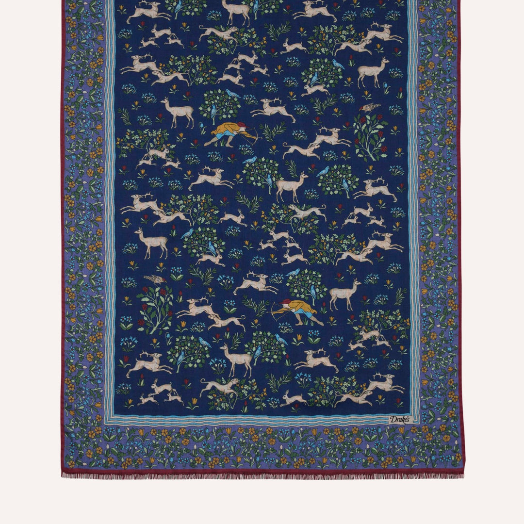 Navy Archival Animals Print Wool-Silk Scarf