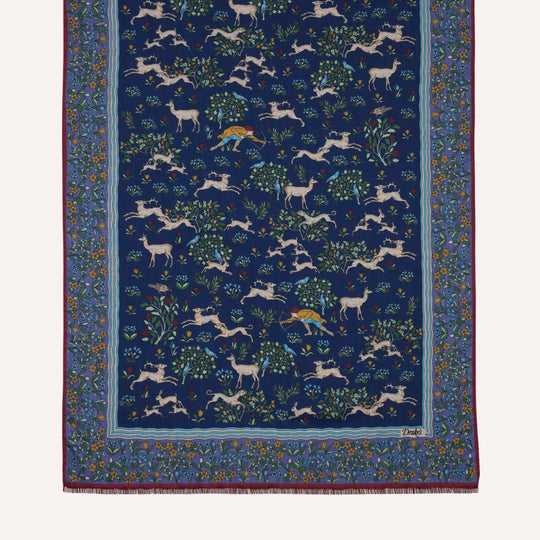 Navy Archival Animals Print Wool-Silk Scarf