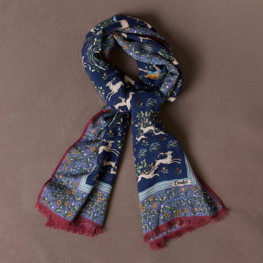 Navy Archival Animals Print Wool-Silk Scarf