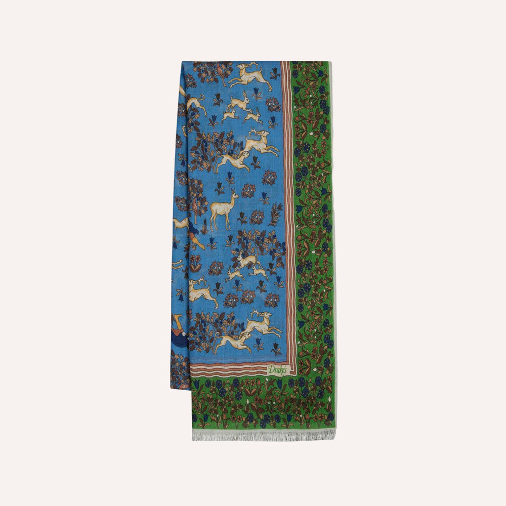 Blue Archival Animals Print Wool-Silk Scarf