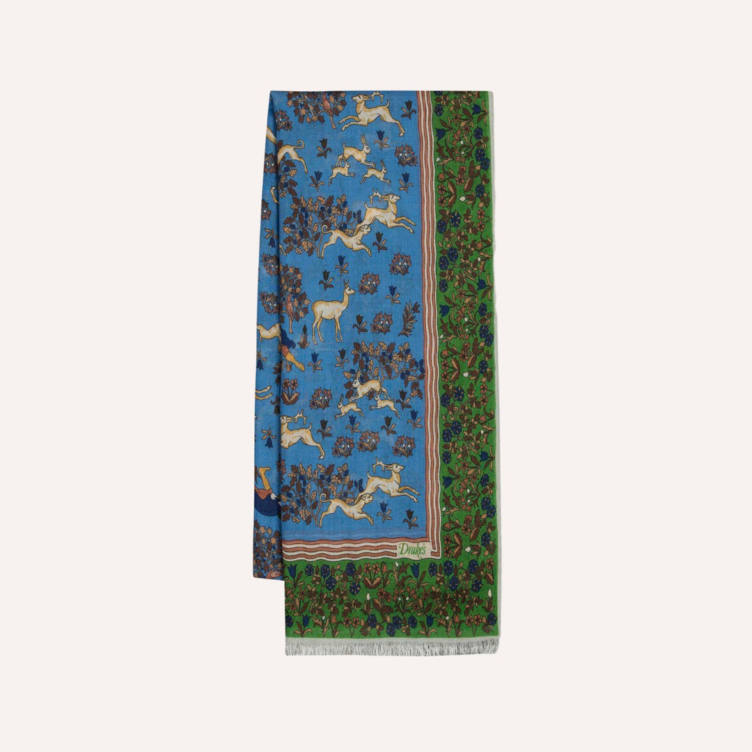 Blue Archival Animals Print Wool-Silk Scarf