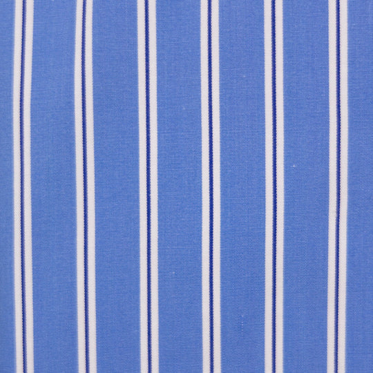 A close-up of a blue woven fabric with vertical white and thin dark navy stripes.