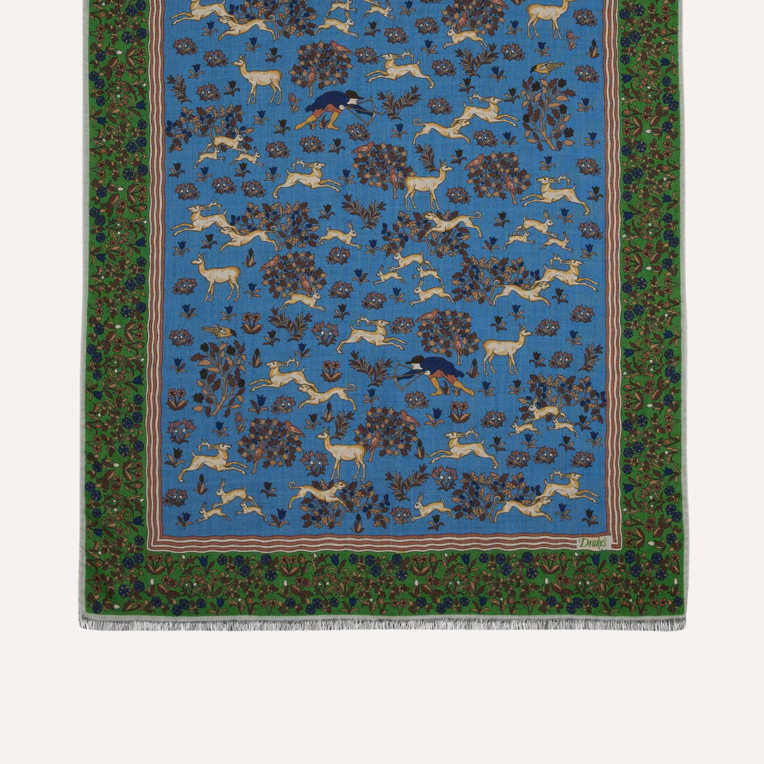 Blue Archival Animals Print Wool-Silk Scarf