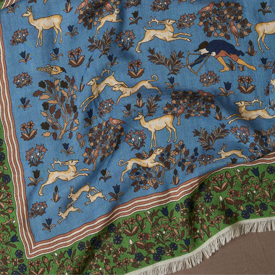 Blue Archival Animals Print Wool-Silk Scarf