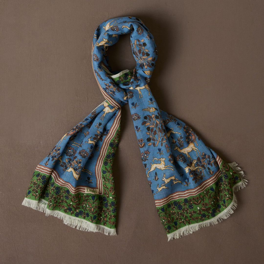 Blue Archival Animals Print Wool-Silk Scarf
