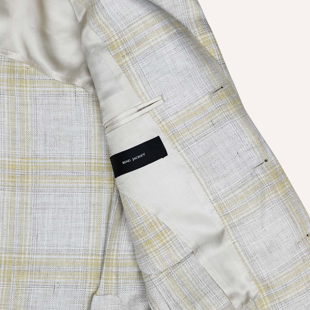 Beige Yellow Checked Linen Wool Blazer