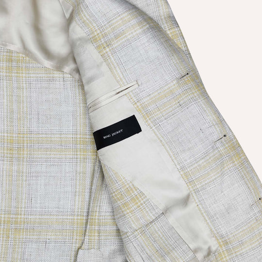 Beige Yellow Checked Linen Wool Blazer