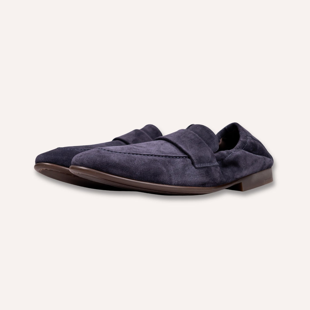 Navy Suede Elastic Heel Penny Loafer - Rubber Sole