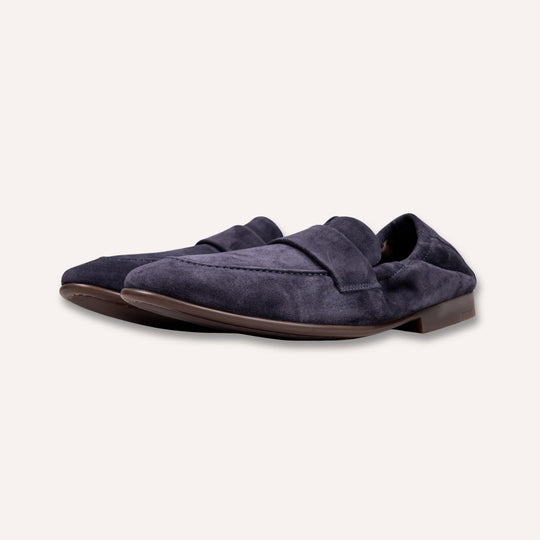 Navy Suede Elastic Heel Penny Loafer - Rubber Sole