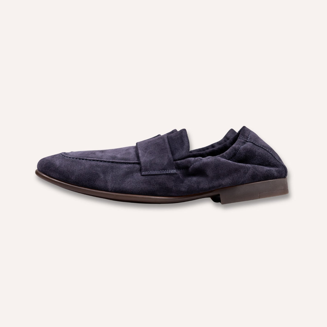 Navy Suede Elastic Heel Penny Loafer - Rubber Sole