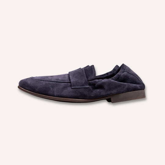 Navy Suede Elastic Heel Penny Loafer - Rubber Sole