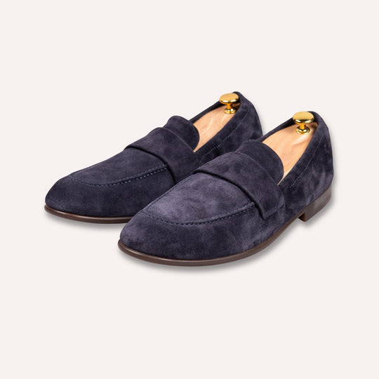 Navy Suede Elastic Heel Penny Loafer - Rubber Sole