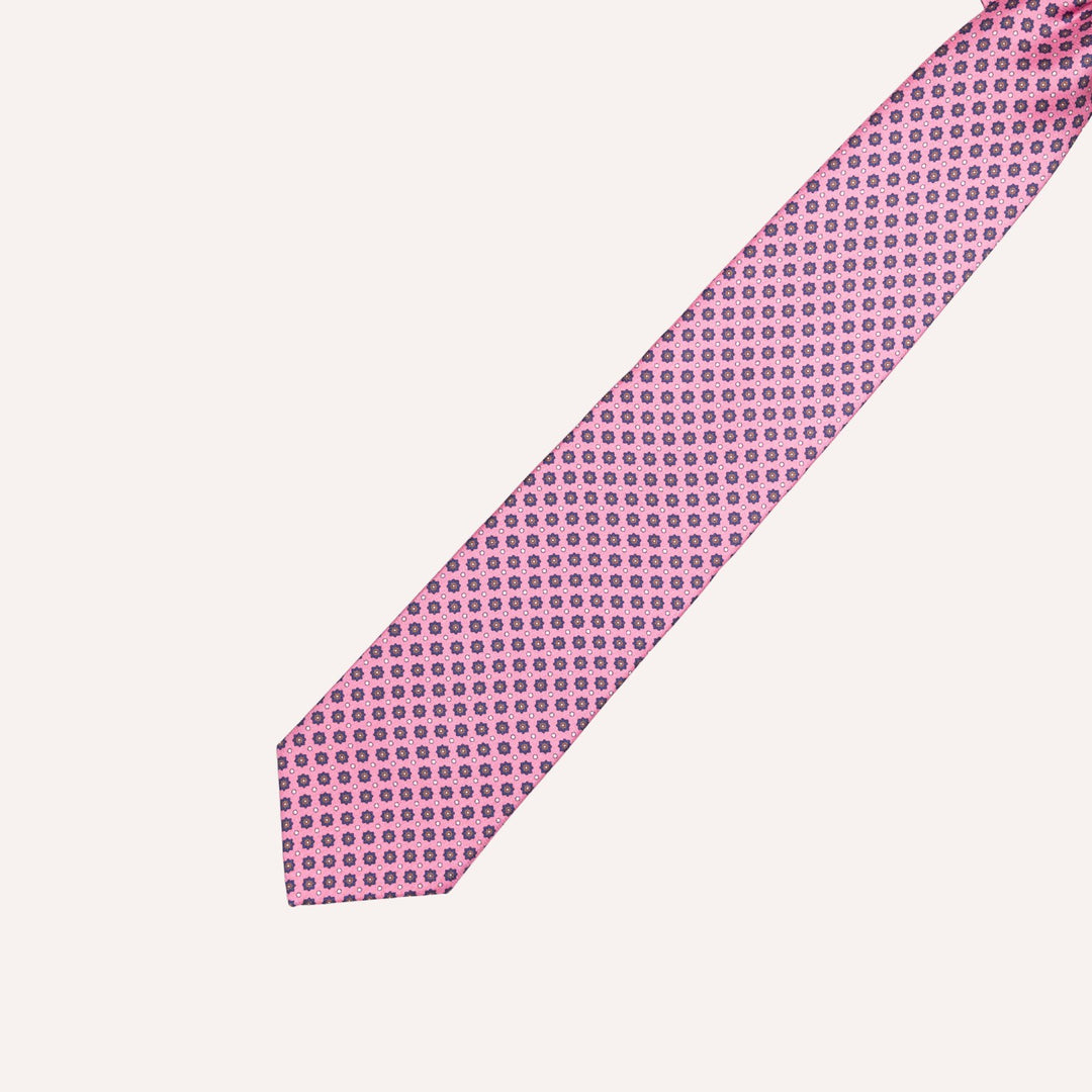 Pink & Navy Star Medallion Pattern Silk Tie