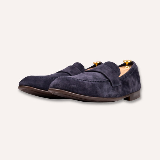 Navy Suede Elastic Heel Penny Loafer - Rubber Sole