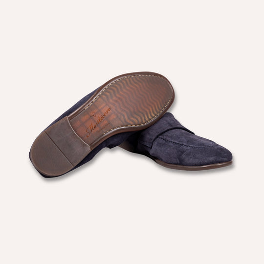 Navy Suede Elastic Heel Penny Loafer - Rubber Sole