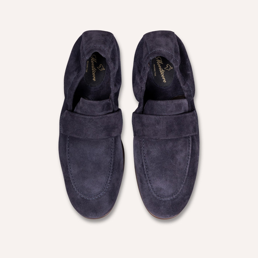 Navy Suede Elastic Heel Penny Loafer - Rubber Sole