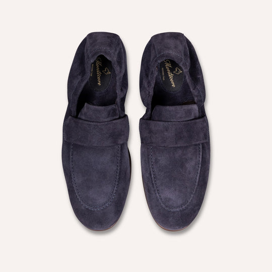 Navy Suede Elastic Heel Penny Loafer - Rubber Sole
