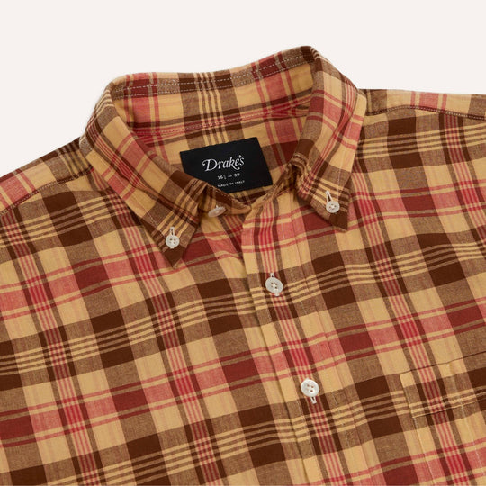 Red & Brown Madras Check Cotton Button-Down Shirt