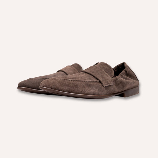 Brown Suede Elastic Heel Penny Loafer - Rubber Sole