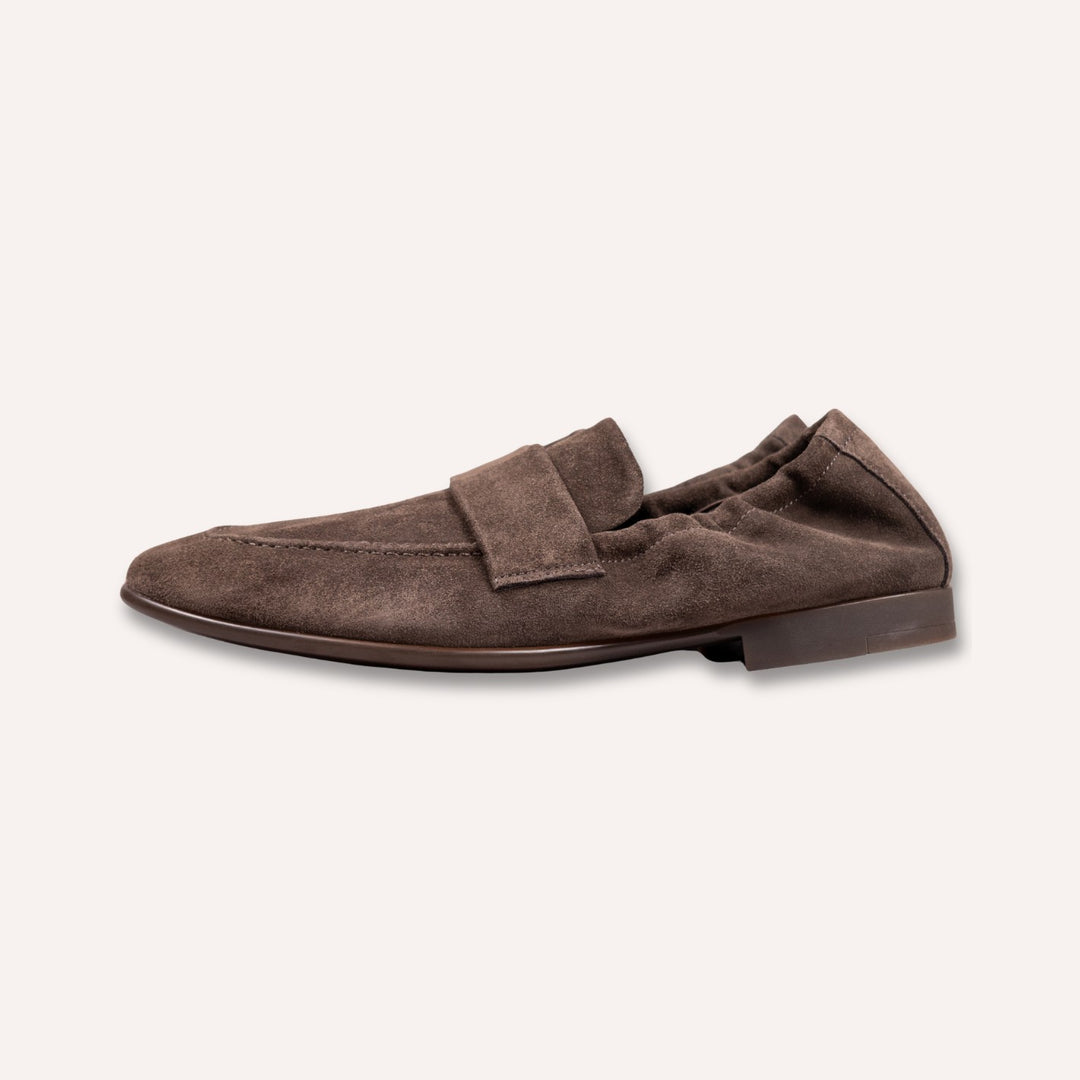 Brown Suede Elastic Heel Penny Loafer - Rubber Sole