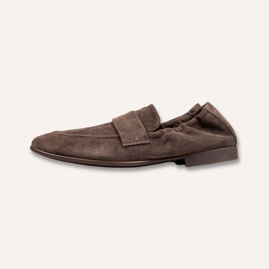 Brown Suede Elastic Heel Penny Loafer - Rubber Sole
