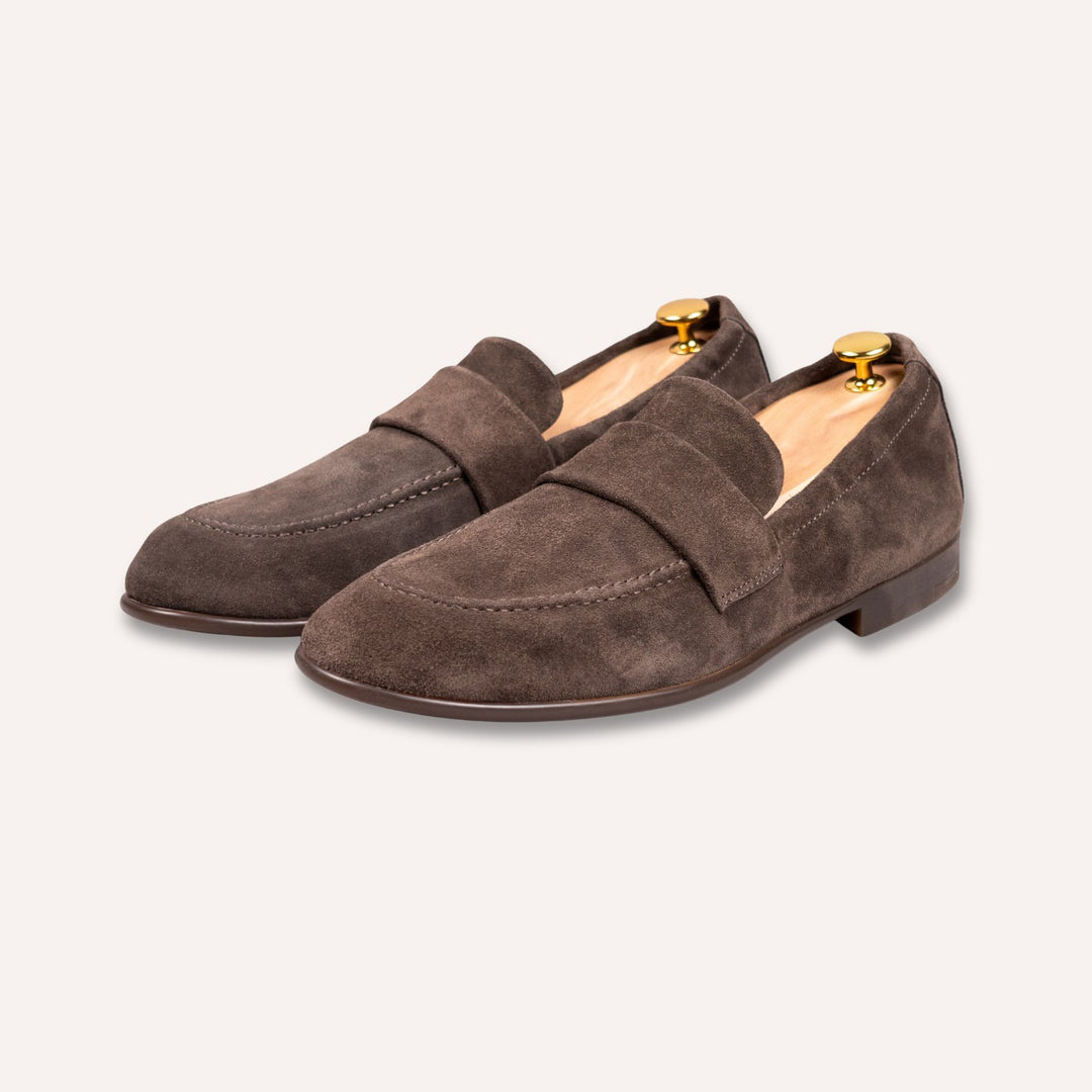 Brown Suede Elastic Heel Penny Loafer - Rubber Sole