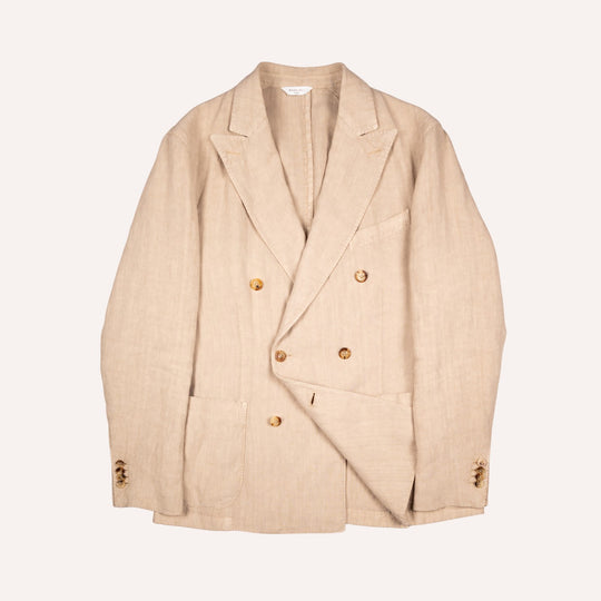 Khaki Beige Washed Linen Double-Breasted Blazer
