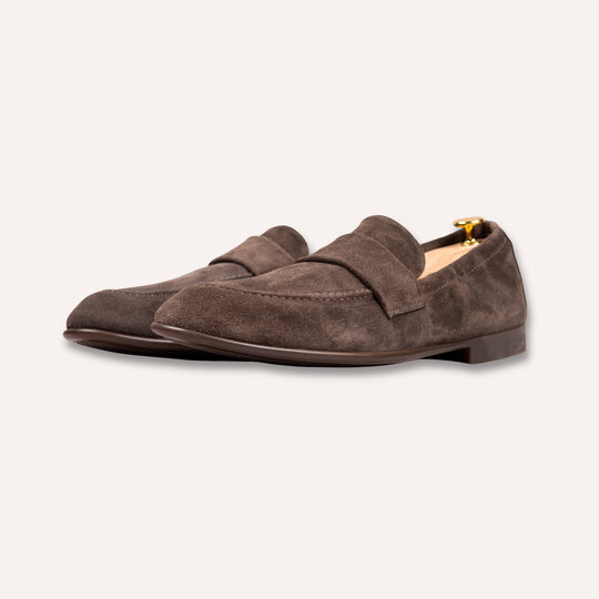 Brown Suede Elastic Heel Penny Loafer - Rubber Sole