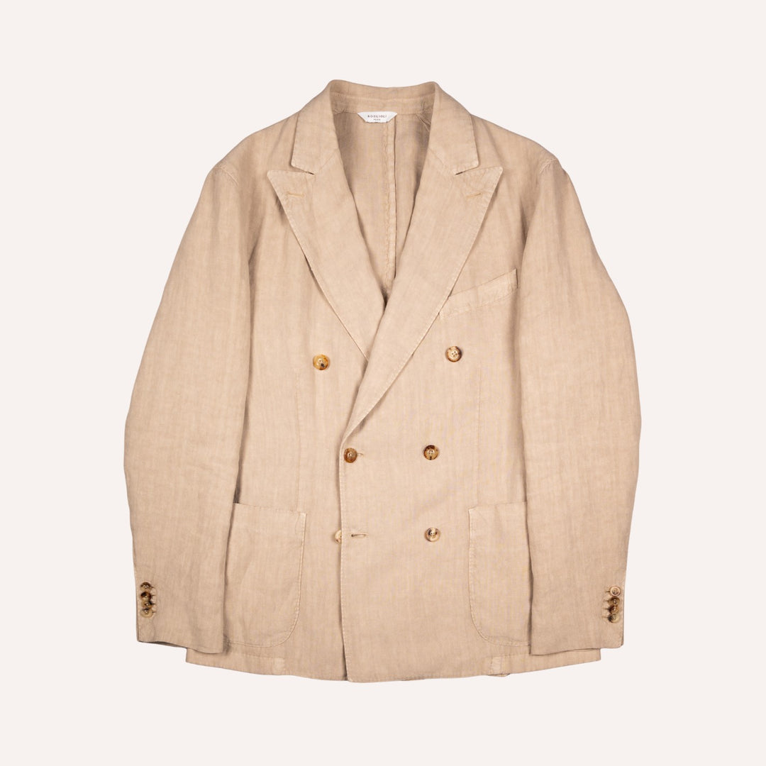 Khaki Beige Washed Linen Double-Breasted Blazer