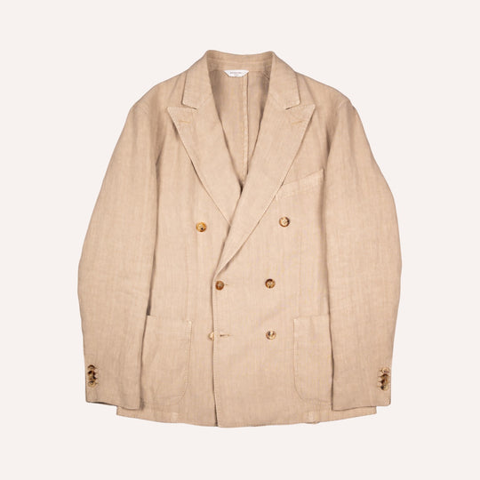 Khaki Beige Washed Linen Double-Breasted Blazer
