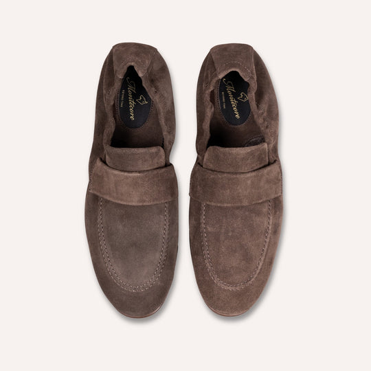 Brown Suede Elastic Heel Penny Loafer - Rubber Sole