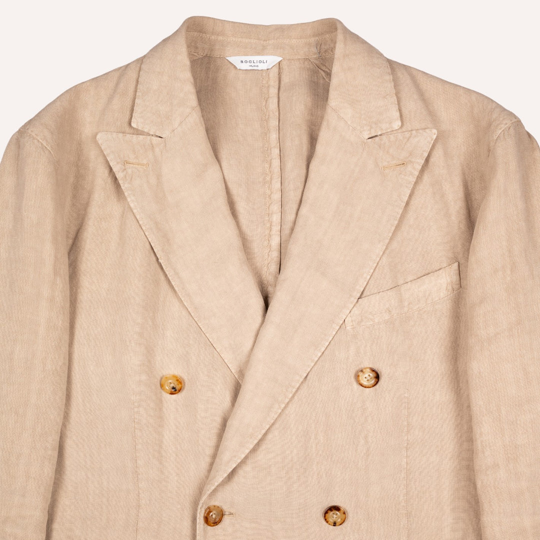 Khaki Beige Washed Linen Double-Breasted Blazer
