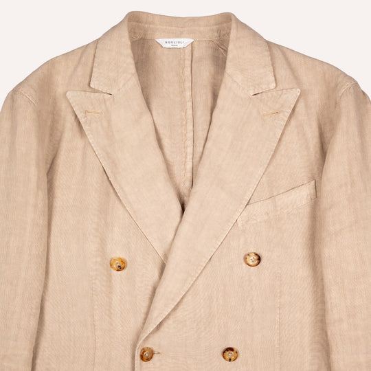 Khaki Beige Washed Linen Double-Breasted Blazer