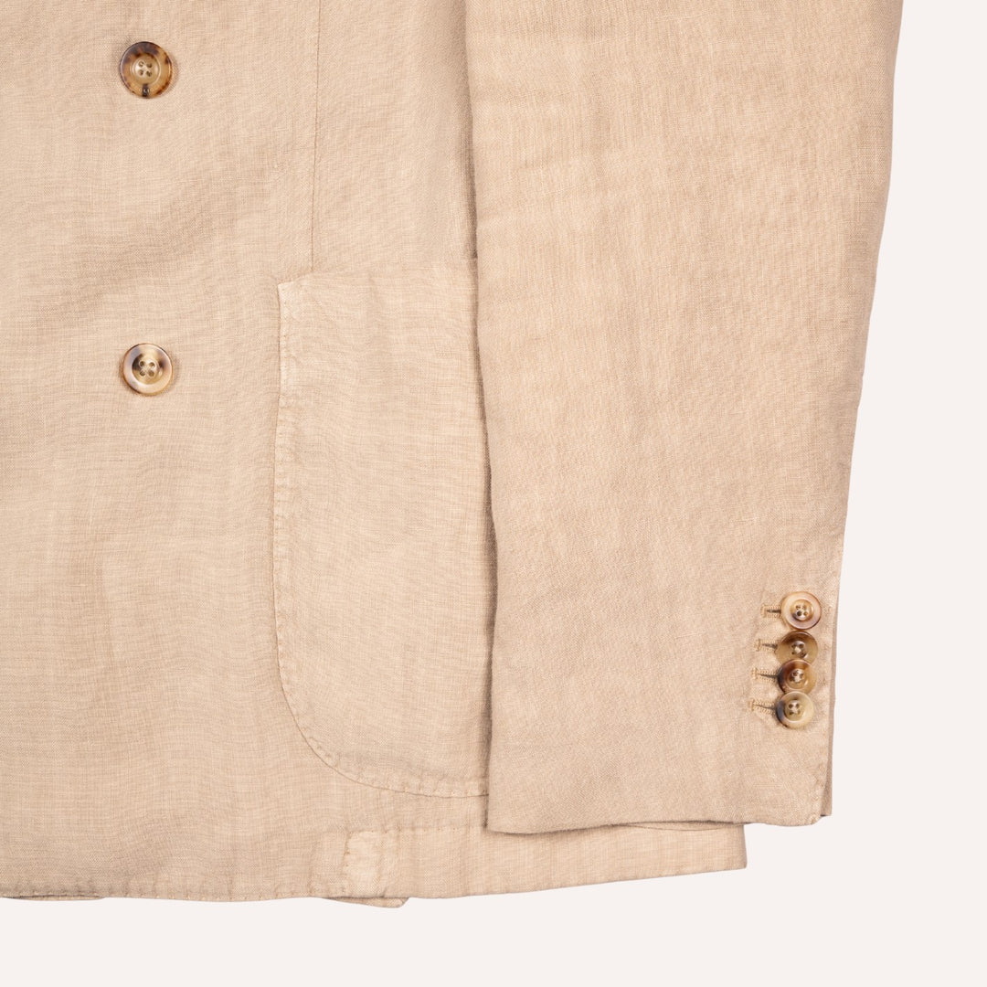 Khaki Beige Washed Linen Double-Breasted Blazer