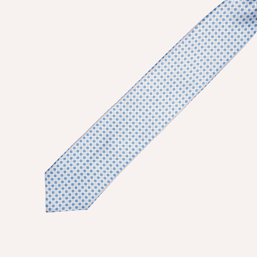 Light Blue Micro Medallion Flower Pattern Silk Tie