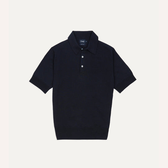 Navy Knitted Linen-Cotton Short-Sleeve Polo Shirt